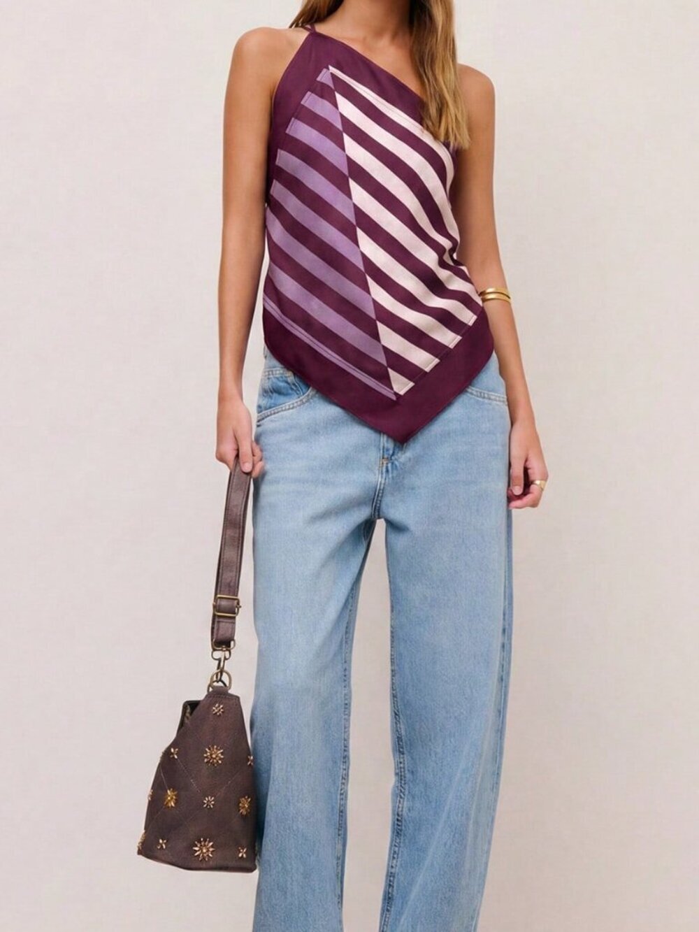 Purple Casual Women's Striped Halter Top with Adjustable Straps and Bow Back Tie